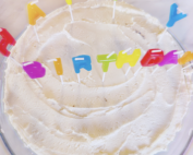 Image of a birthday cake with happy birthday candles on it