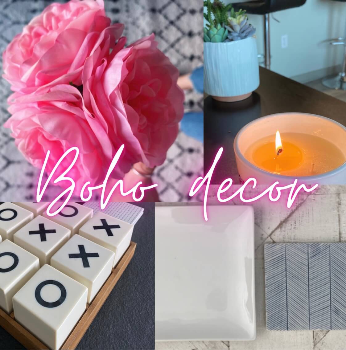 Collage of decorative pieces with boho decor written across in word art