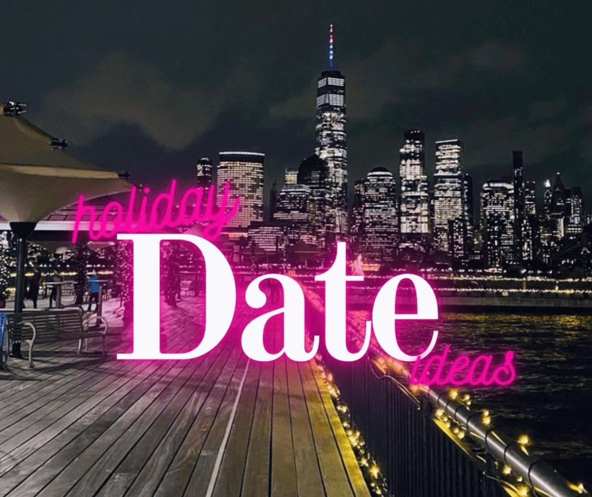 image of a city skyline with holiday lights with word art that reads holiday date ideas