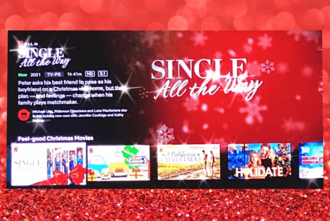 Image of Single All The Way on The Tv with a red holiday backdrop