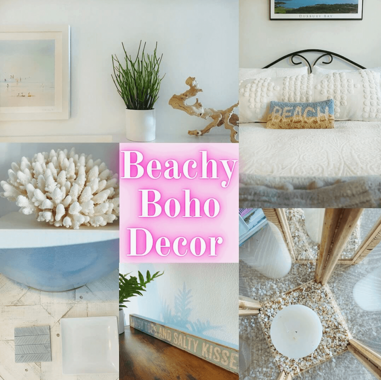Image of a collage of a pictures with beach boho decor written across in word art