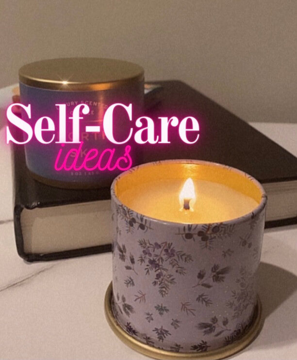 Image of a book and candle with self-care ideas written in word art across image